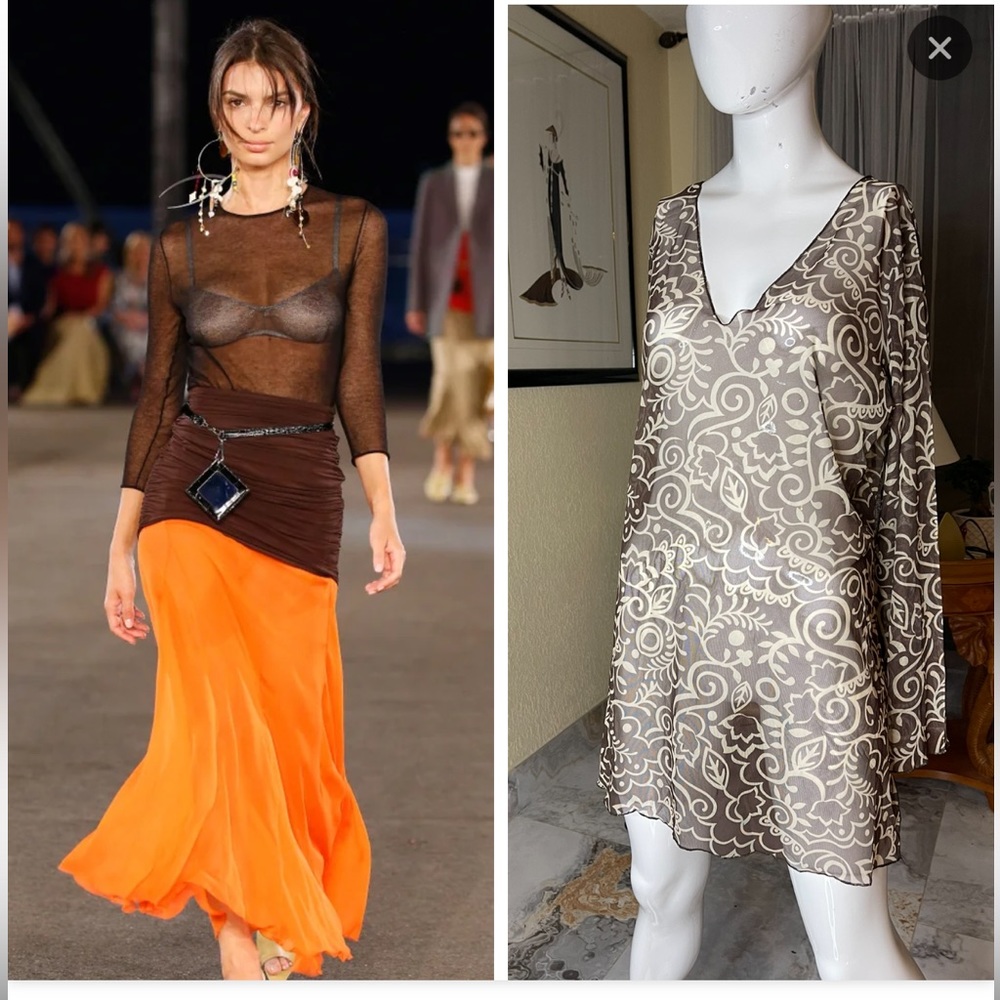 Y2K Plus Size TCM 16 Mesh Sheer Brown Tan Paisley